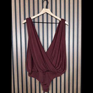 Free People Bodysuit Large Burgundy Ruched Faux Wrap Mesh Thong Blouse Intimate
